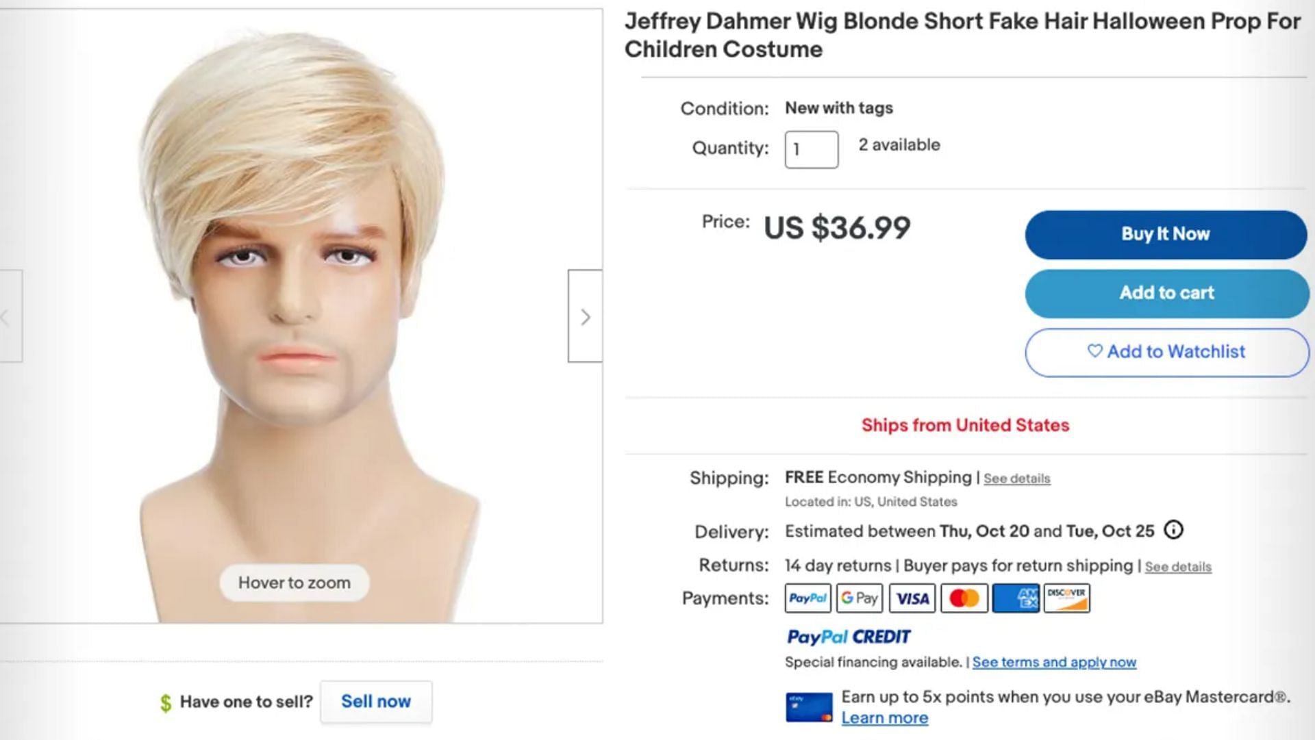 Jeffrey Dahmer's fake blonde wig for sale. (Image via eBay)